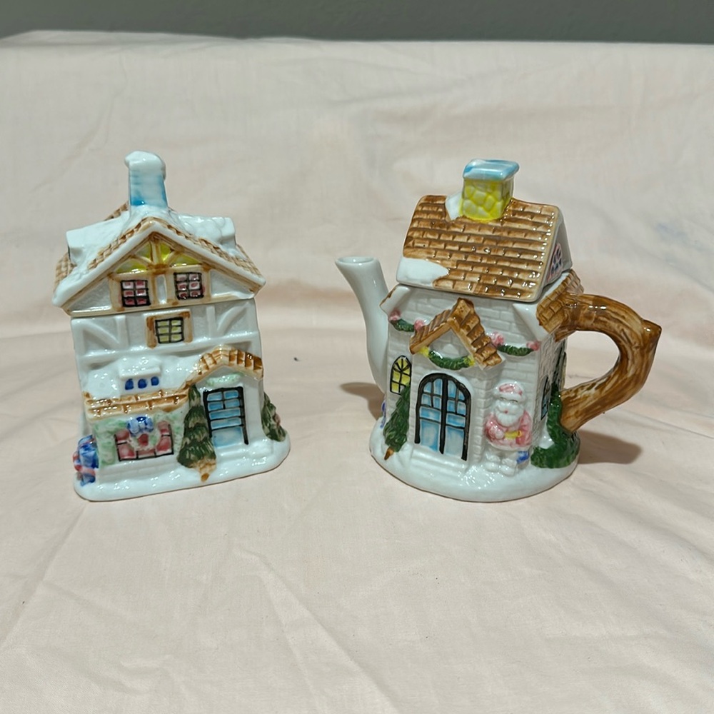 Vintage Christmas Cottage Teapot & Tea Bag Canister holder Houston Harvest